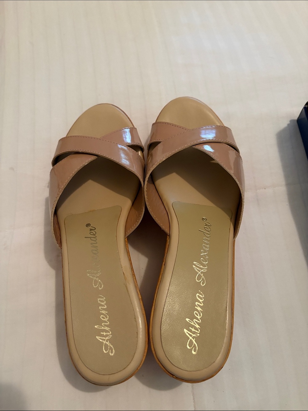 Athena Alexander Patent Nude Tan Cross-Strap Slide Mules